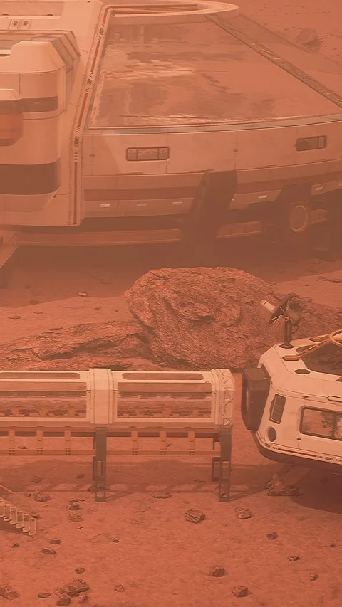 Mars exploration base features habitat module and rover during dust storm Stock Footage 337952545