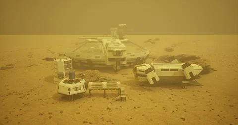 Mars exploration base located in a dusty environment with scientific equipmen Stock Illustration