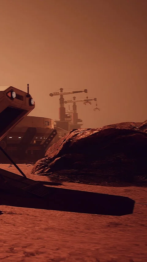 Mars exploration site shows large structure and rocky landscape Stock Footage 337950674