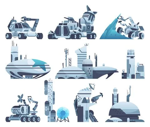 Mars explorers. Discovery transport and scientific rovers. Space research Stock Illustration