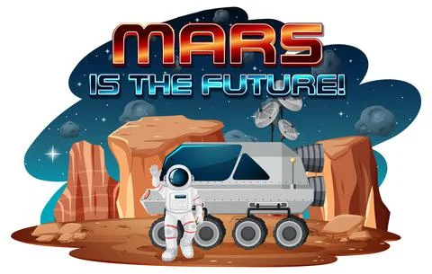 Mars is the future logo design with astronaut at space station Stock Illustration