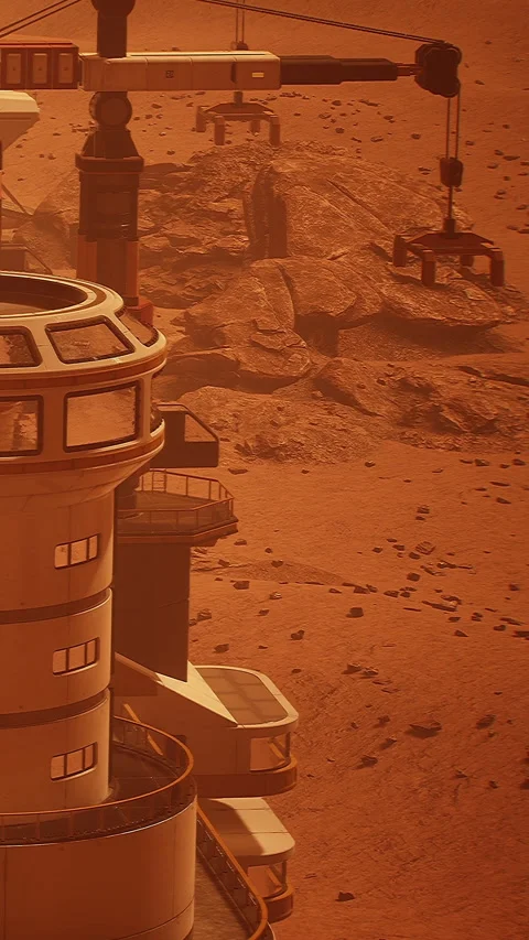 Mars habitat with crane during Martian sunset shows human colonization effort Stock Footage 337946463