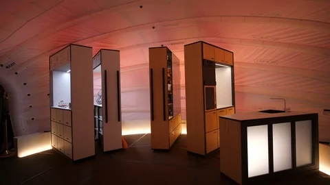 Mars Habitat Dome pod lab. Moving furniture inside Home interior architecture Stock Footage 124669995