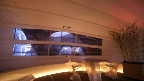 Mars Habitat Dome pod window. Home interior architecture on Red Planet. Design  Stock Footage 124669784