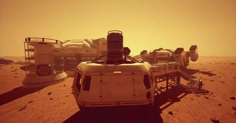 Mars habitat during sunset under a hazy orange sky Stock Illustration