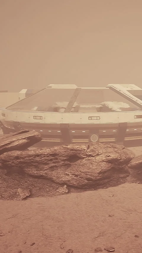 Mars habitat on a dusty landscape during a sandstorm in the afternoon Stock Footage 337950397