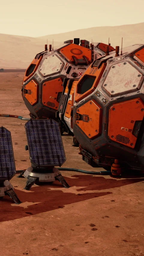 Mars habitat modules and solar panels set on the red planet surface Stock Footage 339044603