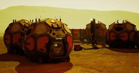 Mars habitat modules connected by systems on the surface during sunset Stock Illustration