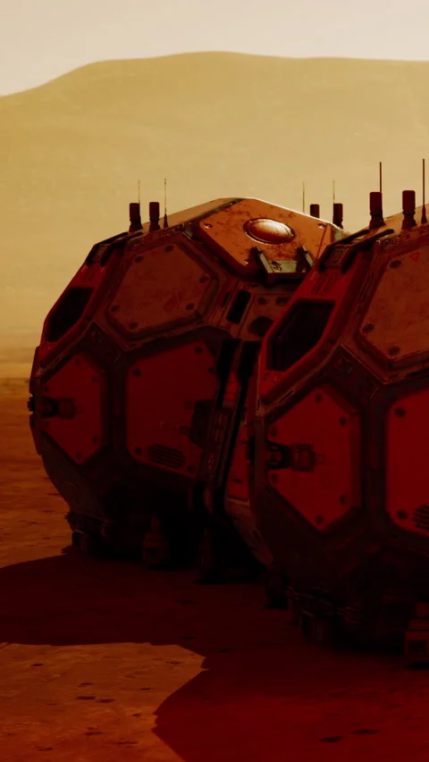 Mars habitat modules on the surface of the planet during the sunset Stock Footage 335156812