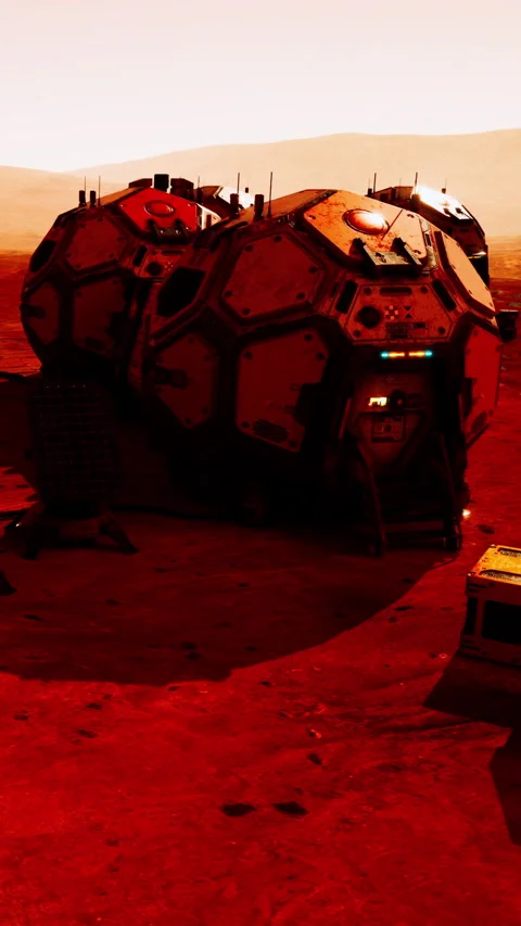 Mars habitat on a red landscape with science equipment in view Stock Footage 339773846