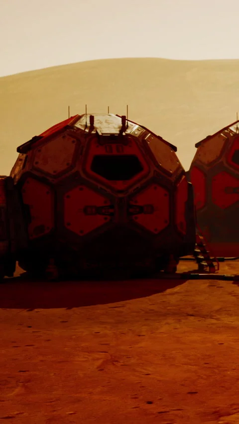 Mars habitat in a red landscape with structures during the day Stock Footage 339040511