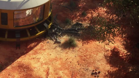 Mars habitat on red soil with scattered plants and rocks in sunlight Stock Footage 344133723