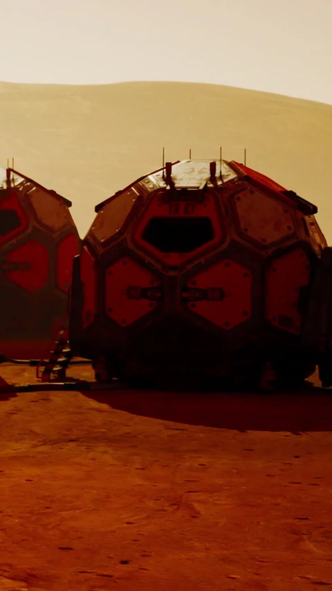 Mars habitat setup in a red landscape under a dusty sky Stock Footage 339044455