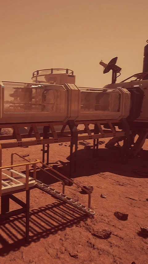 Mars habitat setup on the surface with equipment and future colony plan Stock Footage 337952693