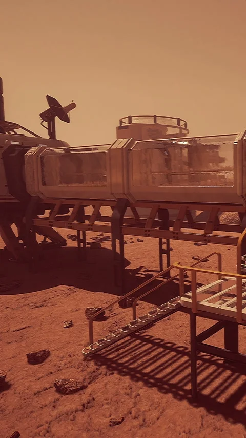 Mars habitat structure with equipment on the surface of the planet Stock Footage 337957505