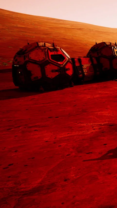 Mars habitat structures on red landscape during day Stock Footage 341057710