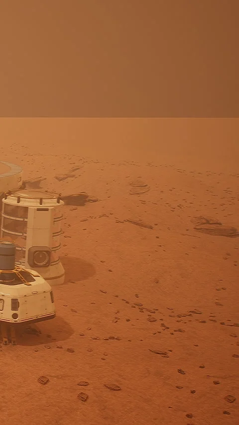 Mars habitat on the surface during a dust storm with limited visibility Stock Footage 337950460