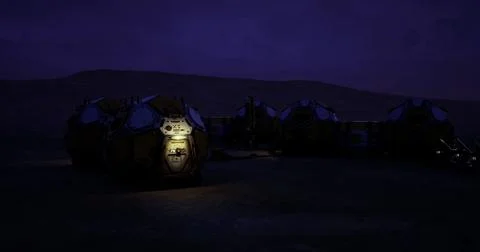 Mars habitat under dark sky with illuminated entrance during night Stock Illustration