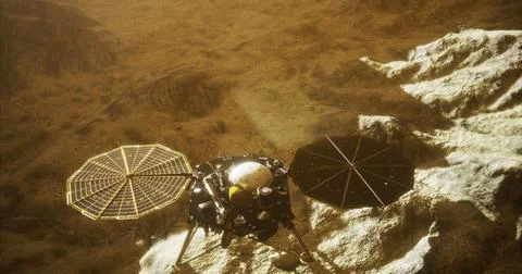 Mars Insight exploring the Martian surface with scientific instruments Stock Illustration