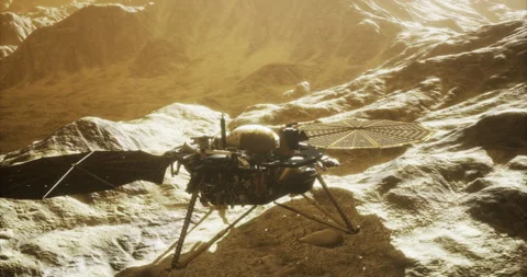 Mars InSight lander exploring the surface of the Red Planet during the daytime Stock Footage 321662302