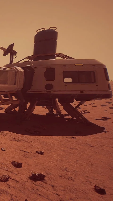 Mars lander on the surface of Mars during sunset in a barren landscape Stock Footage 337950633