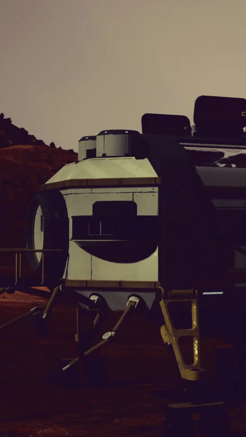 Mars lander on the surface with red soil and distant hills during sunset Stock Footage 332222280