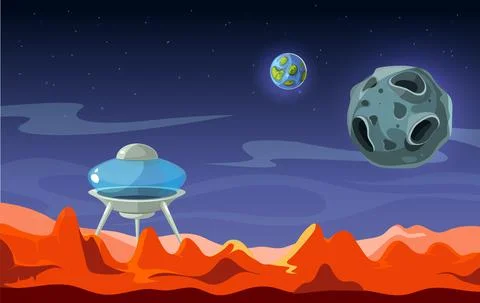 Mars landscape. Colonization, alien space background. View from red planet on Stock Illustration