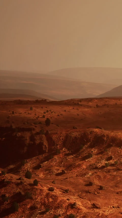 Mars landscape features red terrain under dusty sky during daylight Stock Footage 340265419
