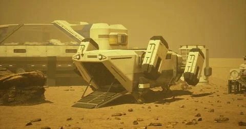 Mars landscape featuring a spacecraft and habitats under a dusty sky Stock Illustration