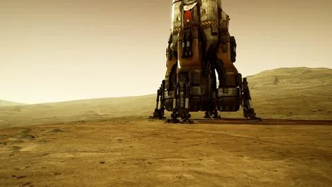 Mars landscape with a futuristic spacecraft on the surface during sunset Stock Illustration