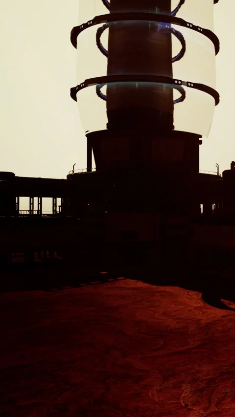 Mars landscape with a large structure during sunset Stock Footage 337958844