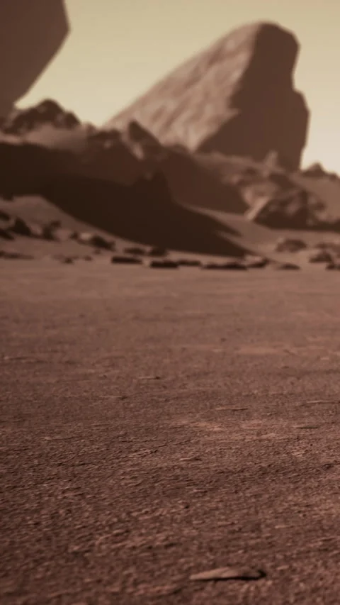Mars landscape showing rocks and dusty ground under a brown sky Stock Footage 338424392