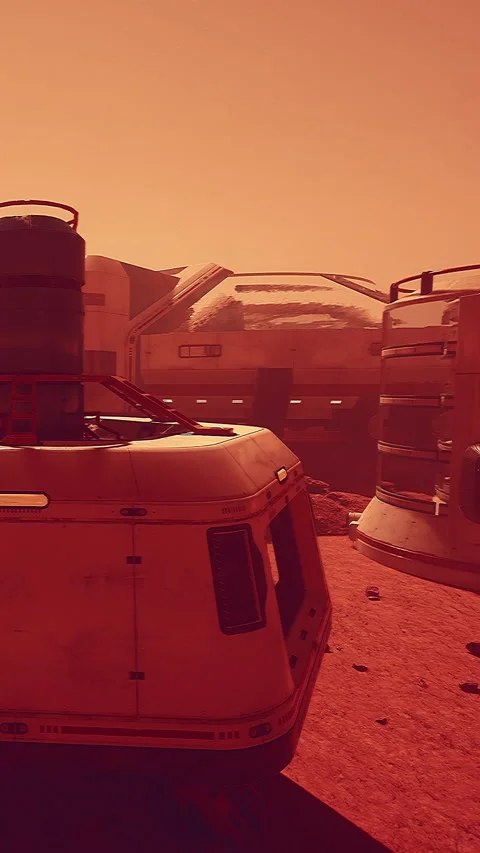 Mars landscape with spacecraft and equipment during a dust storm in the day Stock Footage 335356566
