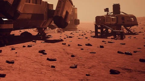 Mars landscape with spacecraft and research facility during daylight Stock Footage 343937459