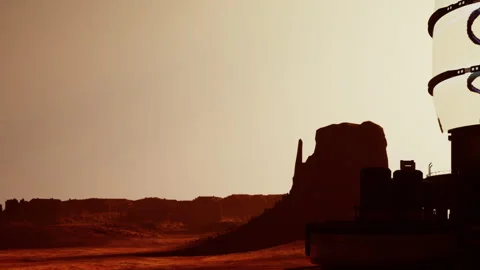 Mars landscape with a spacecraft silhouette at sunset Stock Footage 344122489