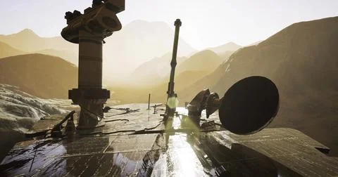 Mars Opportunity rover capturing the Martian landscape at sunset 스톡 일러스트
