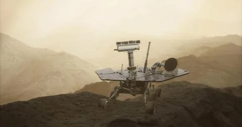 Mars Opportunity rover exploring Martian landscape with dusty hills and valle Stock Illustration