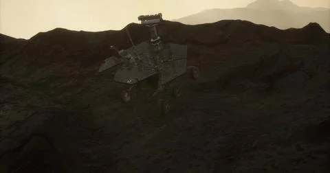 Mars Opportunity rover exploring the rocky terrain of the Martian surface Stock Illustration