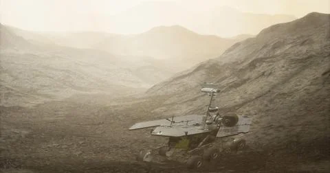 Mars Opportunity rover exploring the rocky terrain of Meridiani Planum Illustrazione stock