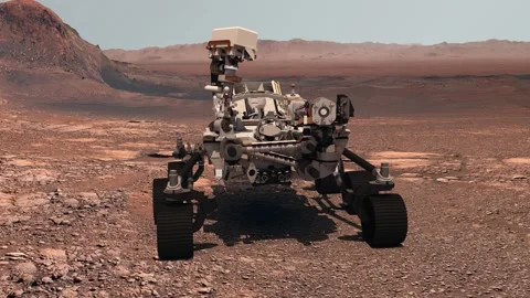 Mars. The Perseverance rover deploys its equipment against the backdrop of a Stock Footage 134245658