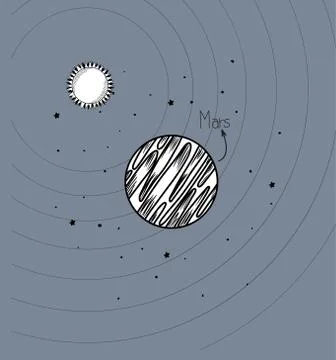 Mars planet and sun draw of solar system design Stock Illustration