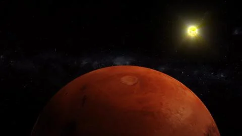 Mars planet with glowing sun on space Stock Illustration