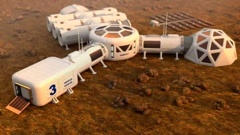Mars planet satellite station orbit base martian colony space landscape Stock Illustration