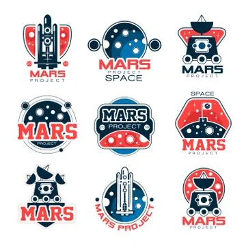 Mars project labels set, Mars colonization program vector Illustrations Stock Illustration
