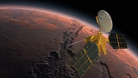 Mars Reconnaissance Orbiter, MRO orbiting Mars. Mars Planet Rotating in the Stock-Footage 132654443