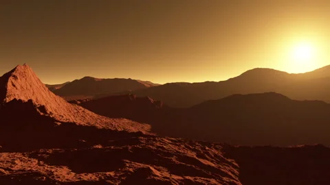 Mars, red planet, desert rock landscape with crater and mountains, sunrise wi Stock Footage 168441337
