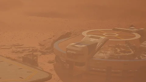 Mars research base during a dust storm in a red landscape Stock Footage 344110833
