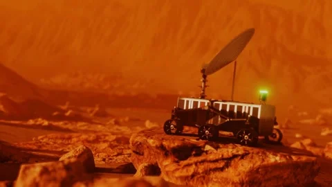 Mars robotic rover on red place surface searching for signal landscape 스톡 동영상 280060318
