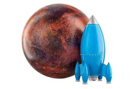 Mars with rocket ship. 3D rendering Stock Illustration