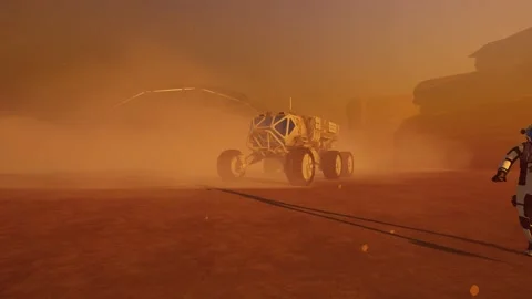 Mars Rover with astronauts on martian surface Video stock 211684719